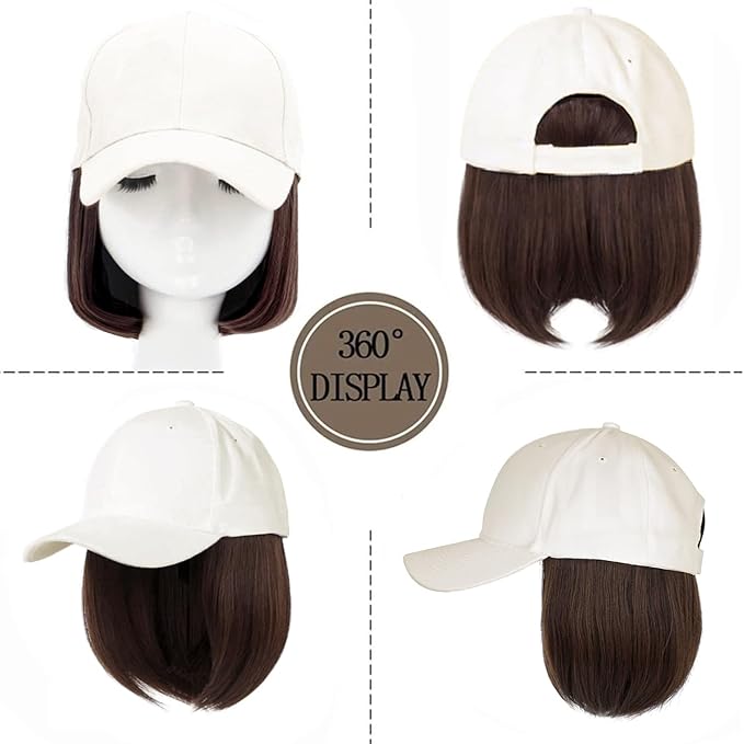 10 Beige Baseball Cap with Hair Extensions Short Bob Hairstyle Adjustable Hat Wig Attached Synthetic Hairpiece for Women Daily Use Dark Brown Hair