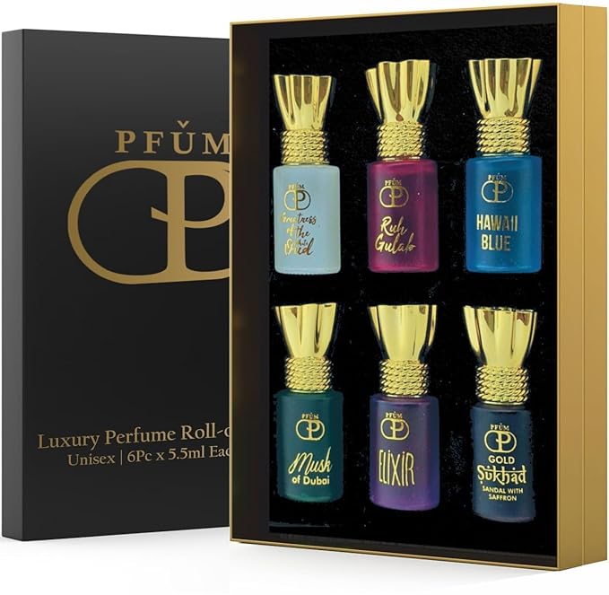 PFUM_Luxury Alcohol Free Long Lasting Roll-On Attar Perfume Gift Set For Unisex 6Pcx5.5ml Each Total 33ml (Ruh Gulab Hawaii Blue White Oud)