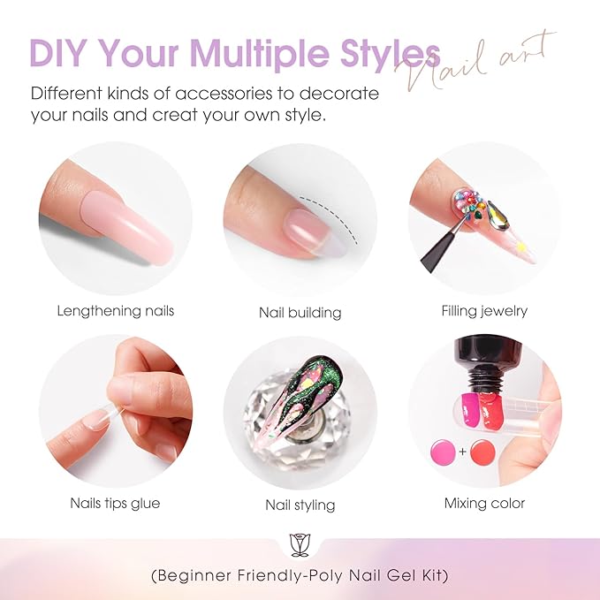 ROSALIND 38 Colors Poly Nail Gel Kit with Mini Nail Lamp Clear Neon Poly Nail Gel Starter Kit for Beginners Halloween All Seasons Classic Colors with Everything