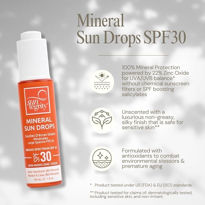 Suntegrity Mineral Sun Drops SPF 30 | Broad Spectrum Zinc Oxide Sunscreen for Face | Vegan Reef-Safe Non-Greasy Daily Sun Protection | Fragrance-Free Lightweight Formula