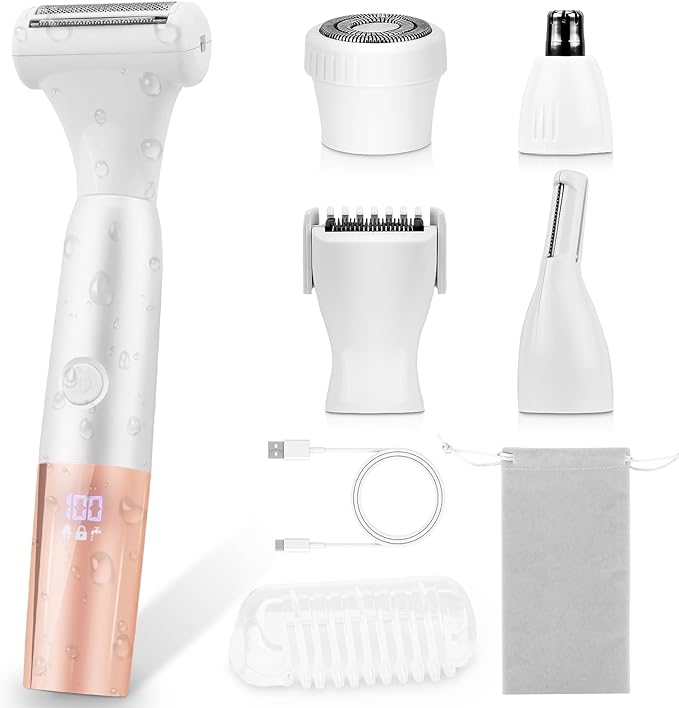 5-in-1 Bikini Trimmer Electric Razors for Women Cordless Electric Shaver with LCD Display for Facial Body Legs Hair Rechargeable Waterproof Pubic Body Hair Trimmer Birthday Christmas Gifts for Women