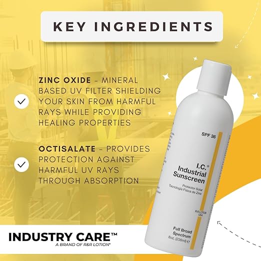 I.C. Industrial Sunscreen Mineral Based SPF 36 Physical Zinc Protection Full Broad Spectrum 80 Minute Sweat &amp Water Resistant Heat Stress Anti-Inflammatory Properties. USA 32oz Bottle (ISSC-32)