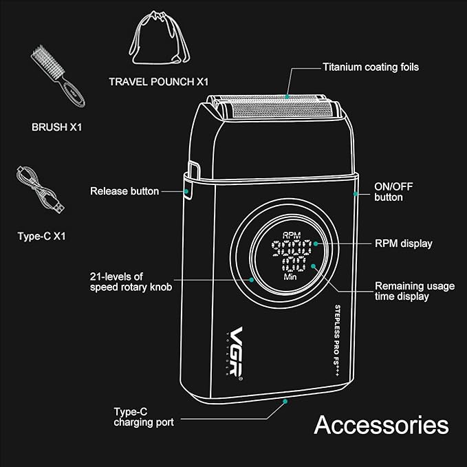 VGR 378 Electric Shavers for Men Triple Floating Blade Foil Shaver Cordless Men's Electric Razor 9000 RPM Motor Bald Shavers Titanium Foils with LED Display Barber Supplies (Black)