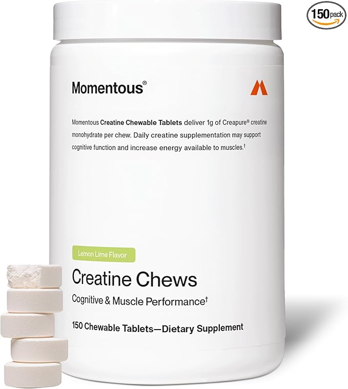 Momentous Creatine Chews - Creapure Creatine Monohydrate - Supports Strength Lean Muscle &amp Recovery for Men &amp Women - NSF Certified for Sport - 150 Chewable Tablets - Lemon Lime