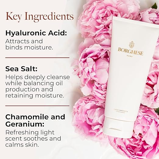 Borghese Crema Saponetta Creme Cleanser - Gentle Face Cleanser for Enlarged Pores Tone &amp Texture with Sea Salt &amp Hyaluronic Acid For All Skin Types