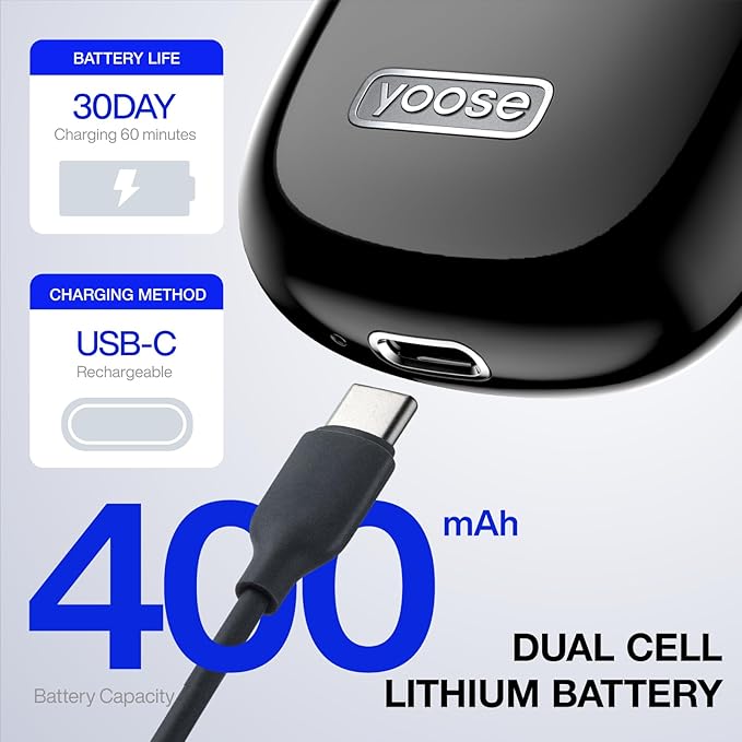 yoose Alloy Mini Shaver Portable Electric Razor for Men IPX7 Waterproof Dry Shave USB-C Rechargeable Easy to Clean Magnetic Detachable Head Cordless Electric Shaver 60 Mins Runtime Black