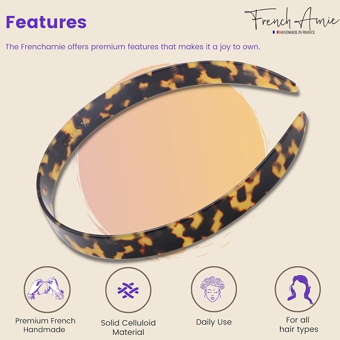 French Amie Wide 1/2 Celluloid Handmade French Hair Head bands Fashion Headbands for Women Very Flexible Strong Hold Grip Headbands Non Slip Durable Styling Girls Paris Women's Hair Accessories Made