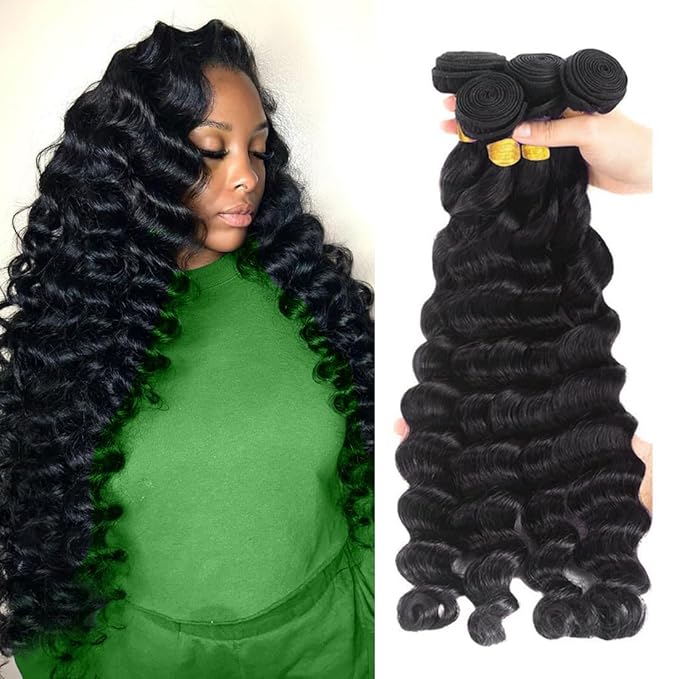 Loose Deep Wave Human Hair Bundles 100% Unprocessed Brazilian Virgin Remy Hair Extension (18 20 22 24 Inch) Natural Black Color for Women Soft and Full No Tangle and Shedding