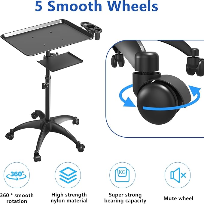 Salon Tray Cart with Storage Platform Aluminum Tattoo Tray with Wheels Trolley Adjustable Height Salon Tray Equipment Service Instrument Storage Tray Accessory for Salon &amp Spa Use Black