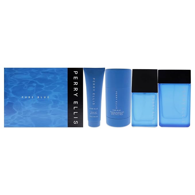 Perry Ellis Perry Ellis Pure Blue Men 3.4oz EDT Spray 3oz Shower Gel 2.75oz Deodorant Stick 7.5ml Travel EDT Spray 4 Pc Set
