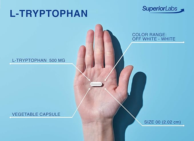 Superior Labs L-Tryptophan 500 mg Capsules Pure Non-GMO Amino Acid High Absorption Supports Sleep and Mood Helps with Occasional Stress PMS Support 120 Veg Caps