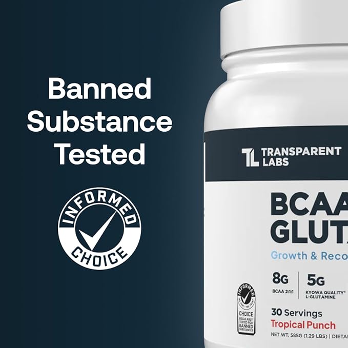 Transparent Labs BCAA Glutamine - 8000 Mg of BCAA Powder with L Glutamine for Post Workout Recovery Muscle Growth &amp Increased Endurance - 30 Servings Tropical Punch