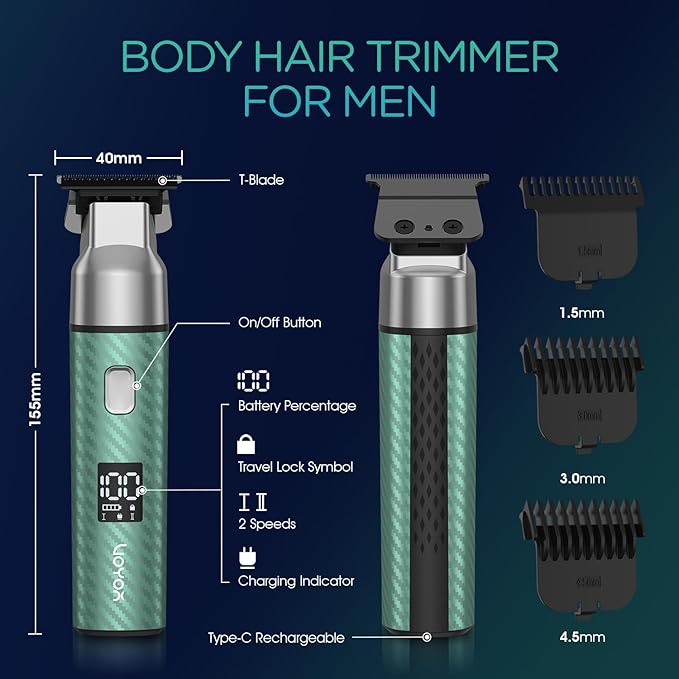 VOYOR Body Hair Trimmer for MenElectric RazorVersatile Groin &amp Body TrimmerWaterproof and Cordless ShaverManscaper for MenUSB-C Charging GroomerCeramic Blade Razor Male Grooming HT310 (Green