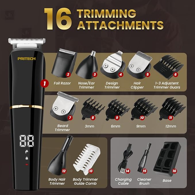 PRITECH Beard Trimmer for Men6 in 1 Hair Clippers Kit Precision Cordless Grooming Kit Waterproof IPX6 for Beard Hair Body Nose Ear with Foil Razor (Black)