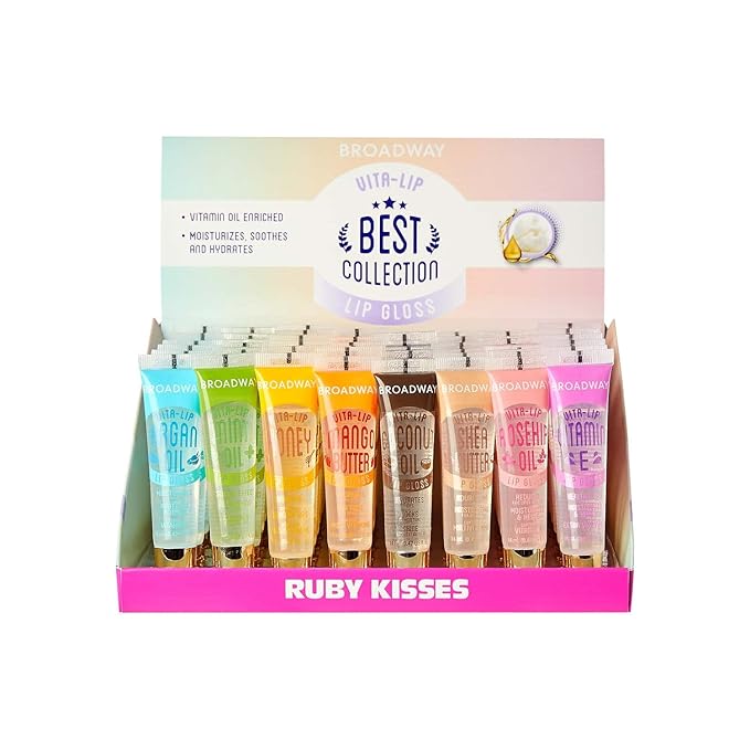 Ruby Kisses Broadway Vita-Lip Clear Lip Gloss (48 Pack) Ultra-Hydrating &amp Soothing Formula with Vitamins High-Shine Non-Sticky Finish Lip Balm with Mint Rosehip Coconut Mango Argan Honey S