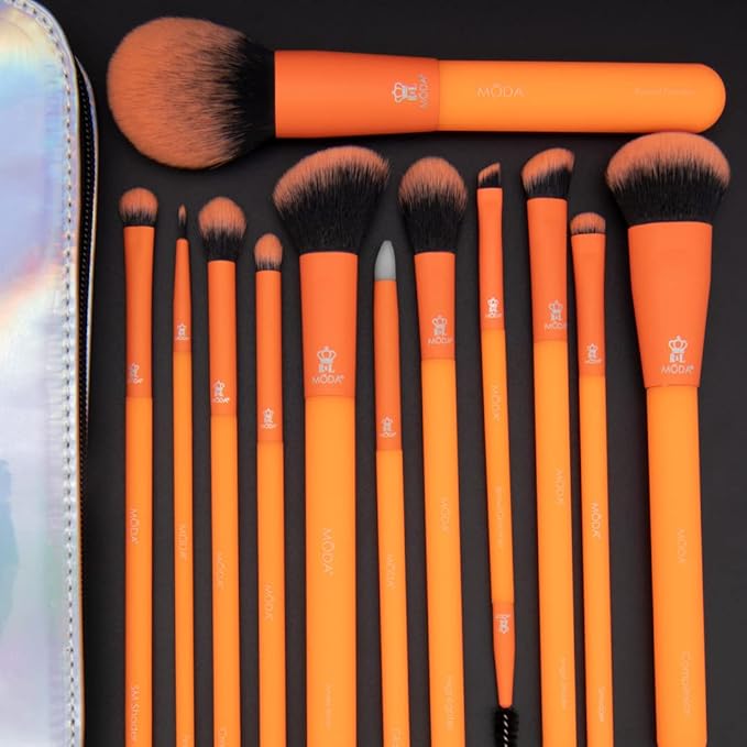 MODA Totally Electric Neon Orange Full Face Makeup Brush Kit ? 13pc Vibrant Brush Set for Face &amp Eyes with Zip Case