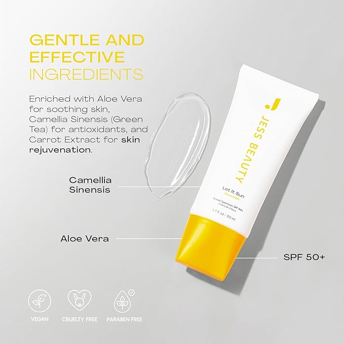 JESS BEAUTY | Let it Sun 50+ Sunscreen Green Tea &amp Aloe Extract | Skincare Sun Protection 1.7 fl oz