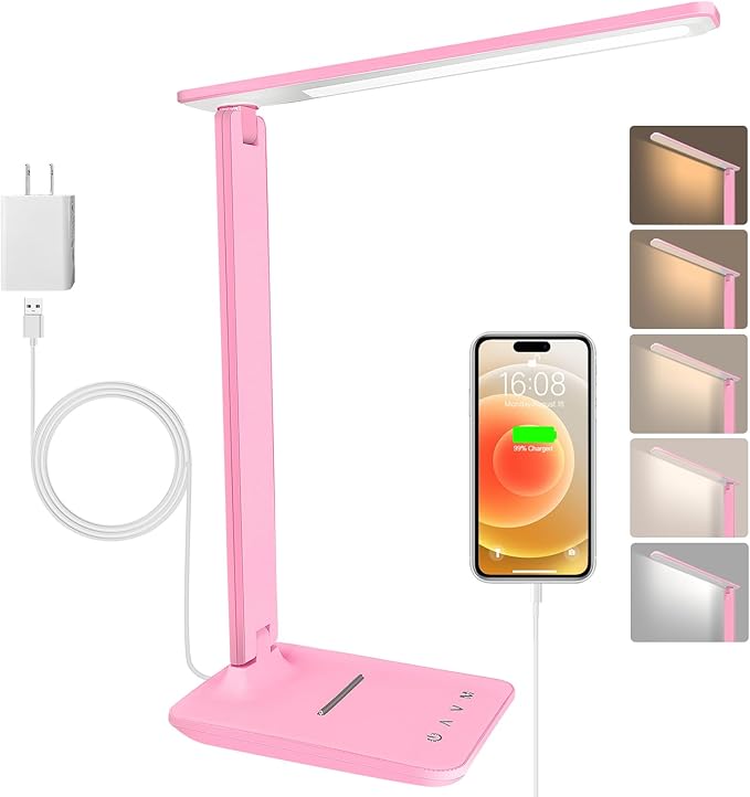 White crown LED Desk Lamp Dimmable Table Lamp Reading Lamp with USB Charging Port 5 Lighting Modes Sensitive Control 30/60 Minutes Timer (Pink First-Generation)