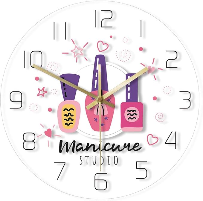The Geeky Days Manicure Studio Nail Polish Custom Print LED Lighting Silent Wall Clock Personalized Nail Salon Hanging Watch with Color Changing Light Gift for Nail Technician