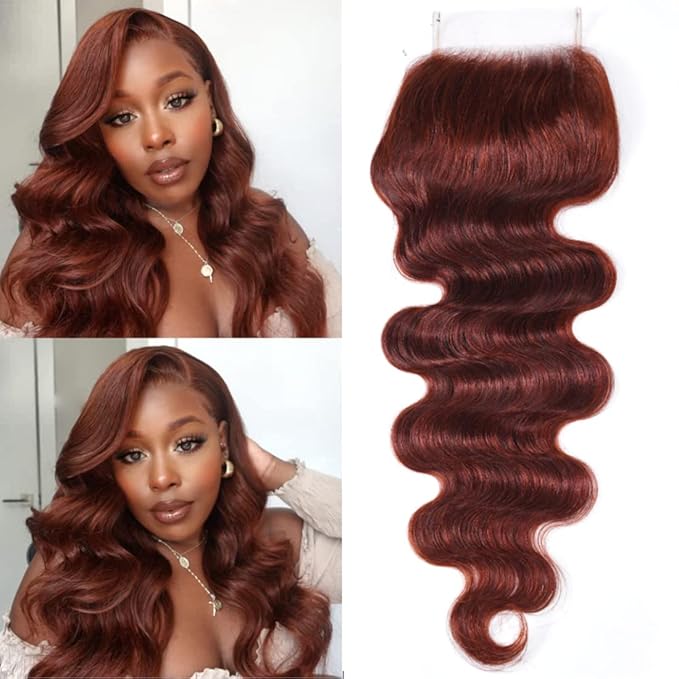 UNICE Reddish Brown Body Wave Human Hair 4x4 Lace Closure Free Part Brazilian Human Remy Hair Auburn Brown Body Wave Human Hair Closure 33B Color 18 inch