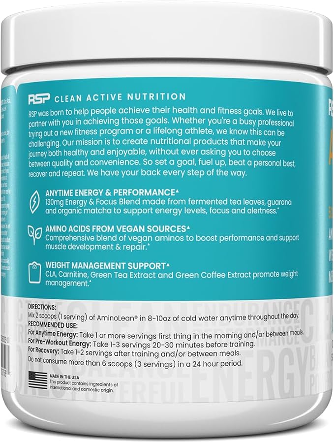 RSP Vegan AminoLean ? All-in-One Natural Pre Workout Amino Energy Weight Management with BCAAs Complete Vegan Preworkout Powder Pineapple Coconut