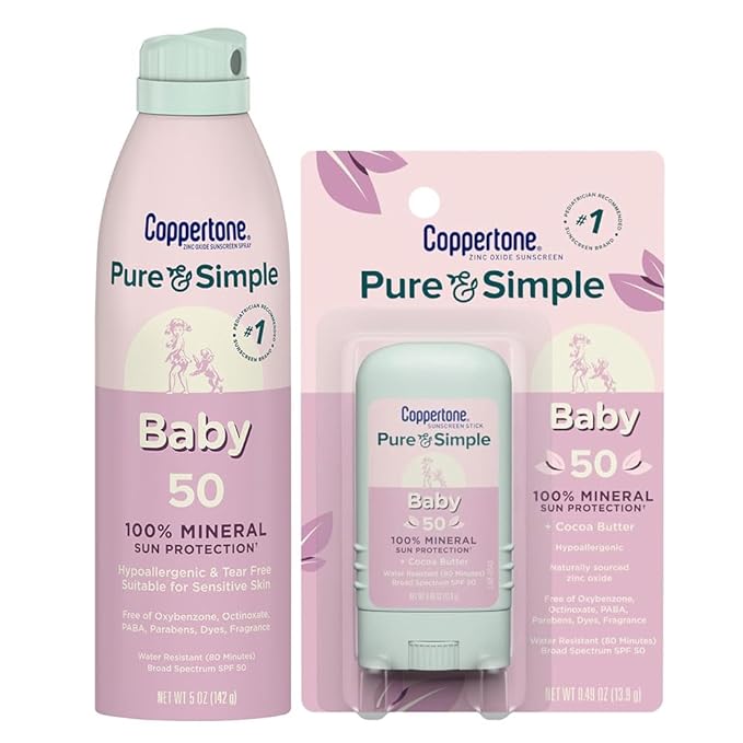 Coppertone Pure and Simple Baby Mineral Sunscreen Spray SPF 50 (5 Oz) Tear Free + Baby Sunscreen Stick SPF 50 (0.49 Oz) Hypoallergenic and Fragrance Free