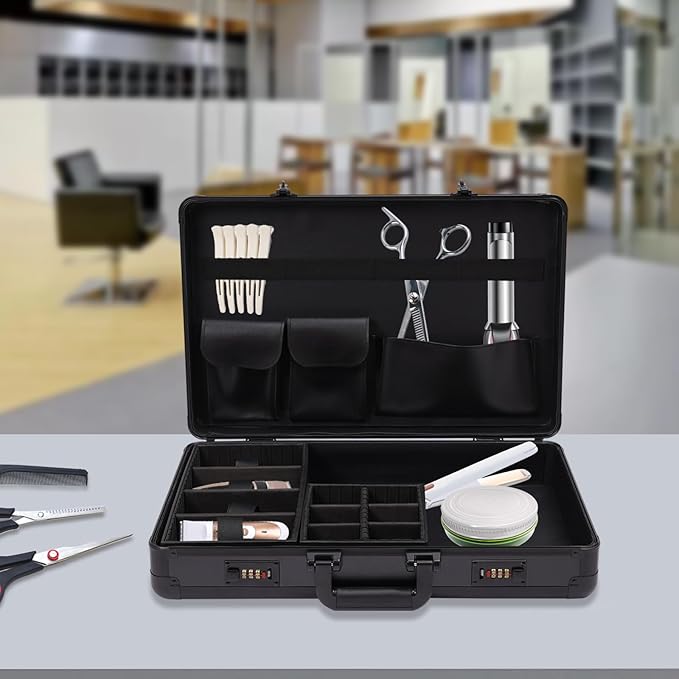 20.9x13x3.5 Professional Hairdressing Toolbox Portable Barber Carrying Case with Lock Beauty Barber Case Travel Stylist Tool Box Organizer for Clippers and Supplies Barbers(Black)