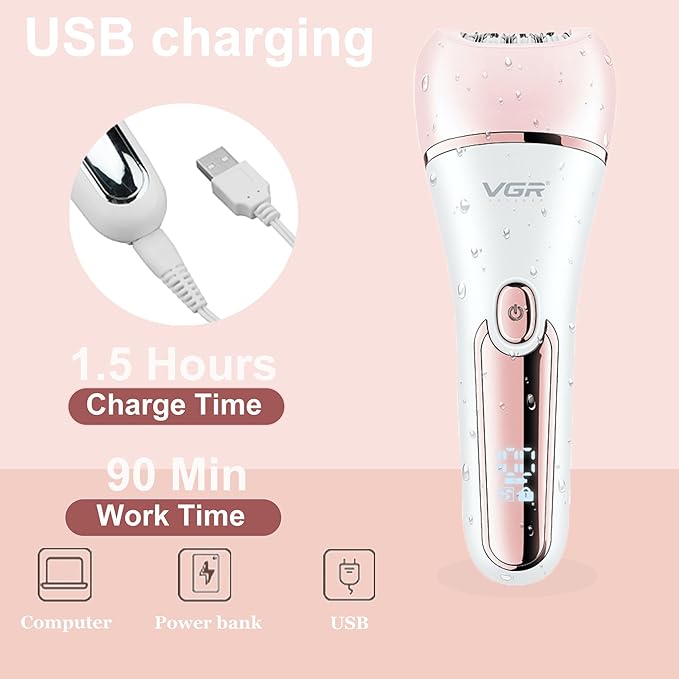 VGR 733 Epilator Hair Removal for Women 6-in-1 Cordless &amp Rechargeable Lady Electric Shaver IPX7 Waterproof Hair Removal Device Wet and Dry Bikini Trimmer for Face Leg Armpit Pink