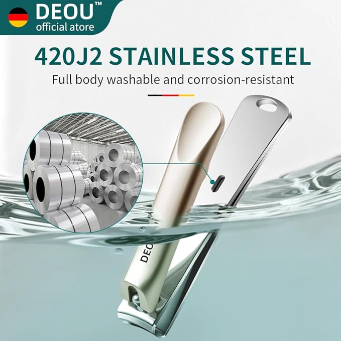 DEOU 3-in-1 Professional Nail Clipper Set - Stainless Steel Large/Medium Flat-Edge Clippers with Built-in Nail File Champagne-Colored Nail Care Tools Exquisitely Gift-Packaged for Home &amp Travel