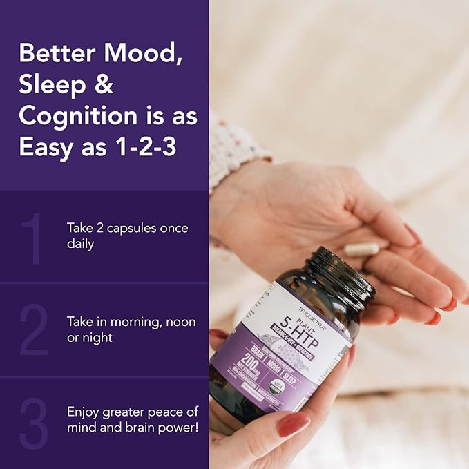 Organic 5-HTP - 200 mg | 99% 5HTP Concentration Plus Cofactor Vitamin B6 &amp Lion?™s Mane | Water Extracted from Organic Griffonia Seeds | Supports Mood Cognition &amp Sleep (60 Capsules | 30 Serv