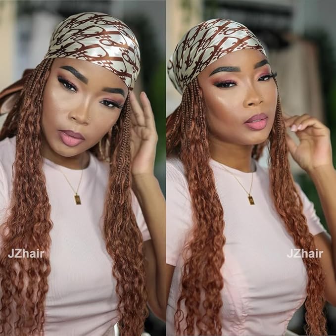 #30 Light Brown Braids Band Wig With Human Hair Curly Ends Boho Box Braids Head Band Wig Grab And Go Braided Hair Extensions For Women Color 30 20 Inch