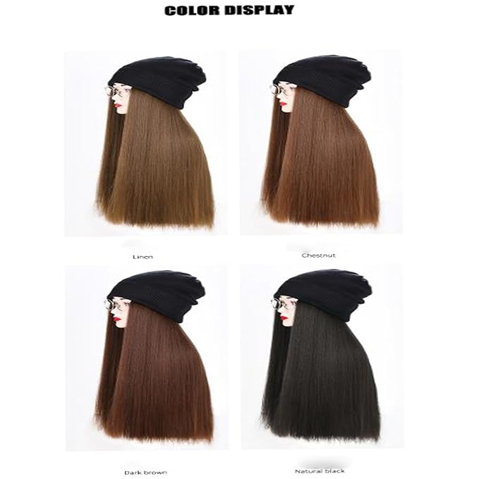 Women Winter Beanie Hat Wig Knit with Long Straight/Wig Wavy Curly Hair Wig Attached 23.6 Inch Synthetic Hairpiece