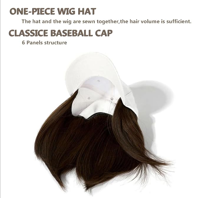 10 Black Baseball Cap with Hair Extensions Short Bob Hairstyle Adjustable Hat Wig Attached Synthetic Hairpiece for Women Daily Use Black Brown Hair