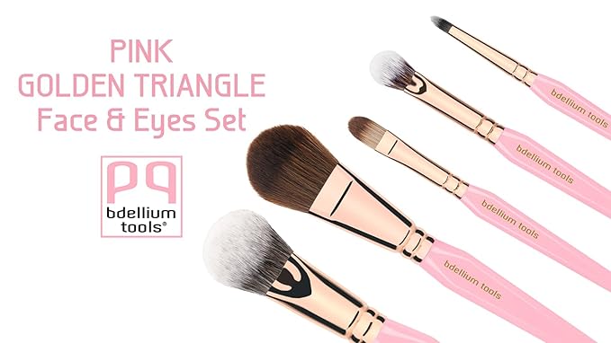 Bdellium Tools Pink Golden Triangle Face &amp Eyes Makeup Brush Set - Well-balanced Brush Set with Soft Synthetic Bristles and Rose Gold Brass Ferrule for a Variety of Looks (Pink 5 pcs)