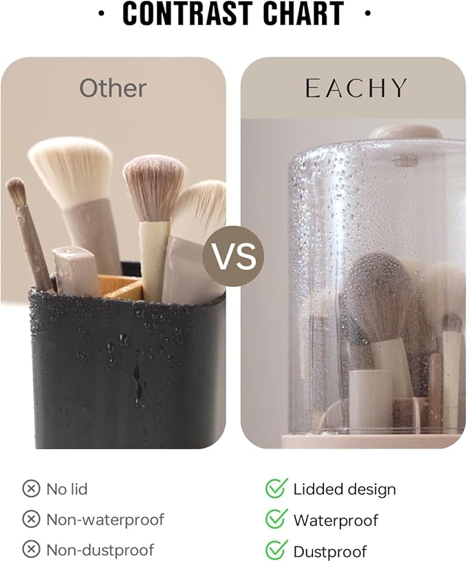 EACHY Makeup Brush Holder 360° Rotating with Dustproof Lid Waterproof Material 7 Compartments for Organized Storage Stylish and Durable Design for Vanity (Pink)