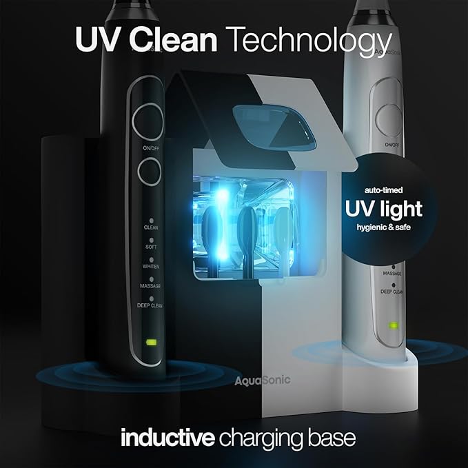 Aquasonic Duo Series PRO UV - ADA Accepted Electric Toothbrushes with UV Sanitizer - Inductive Charging Base - 5 Modes with Smart Timers - 10 Proflex Brush Heads &amp 2 Travel Cases