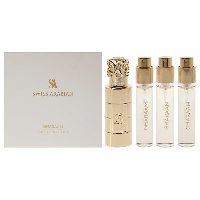 Swiss Arabian Gharaam for Unisex - 4 Pc Mini Gift Set 3 x 10ml Perfume Spray 1 Metal Case