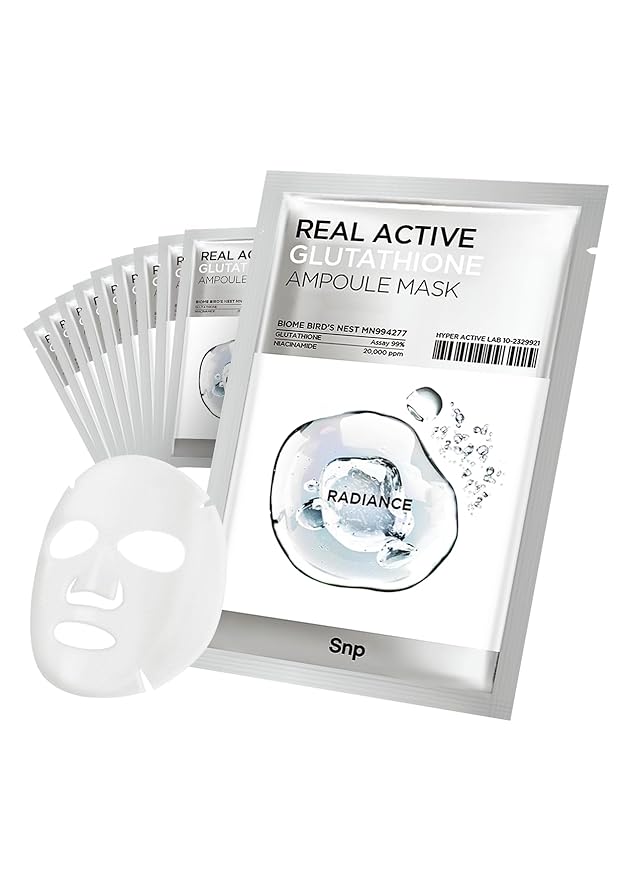 SNP Real active Glutathione Ampoule Sheet Mask | Vegan Face Mask with Glutathione &amp Niacinamide | Revitalizing and Balancing for All Skin Types | Korean Face Masks Skincare | 10 Sheets