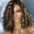 Honey Blonde Curly Short Bob Human Hair Wig Highlight 1b/27 Color Short Bob Brazilian Hair 13x6 HD Transparent Lace Front Wig Deep Wave Remy Hair Glueless Wigs with Baby Hair 150% Density 16inch
