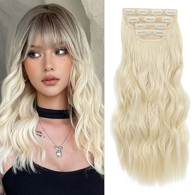 Hair Extensions Long Wavy Clip In Hair Extensions Bleach Blonde Synthetic Hair Extensions Clip Ins 4PCS Thick and Blend Well Fiber Hairpieces for Women 20 Inch