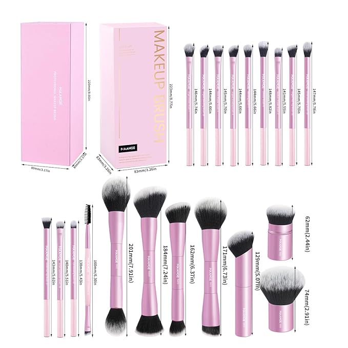 MAANGE 20 Pcs Makeup Brushes with Gift Box Double-End Multi-functional Makeup Brushes for Blending Liquid Powder Concealer Cream Blush BuffePink
