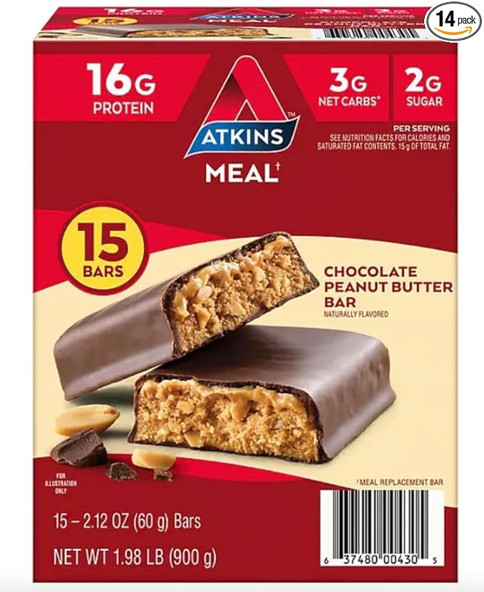 Atkins Meal Bar Chocolate Peanut Butter Pack (14 Count + 2 Bonus Bars)