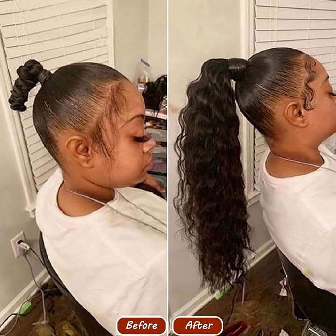 100% Human Hair Drawstring Ponytail Extension Water Wave in Natural Color 1B Corn Wave Ponytail Clip in Extensions for Black Women Full End Hair 18 Inch