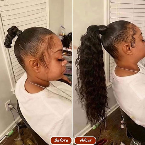 100% Human Hair Drawstring Ponytail Extension Water Wave in Natural Color 1B Corn Wave Ponytail Clip in Extensions for Black Women Full End Hair 18 Inch
