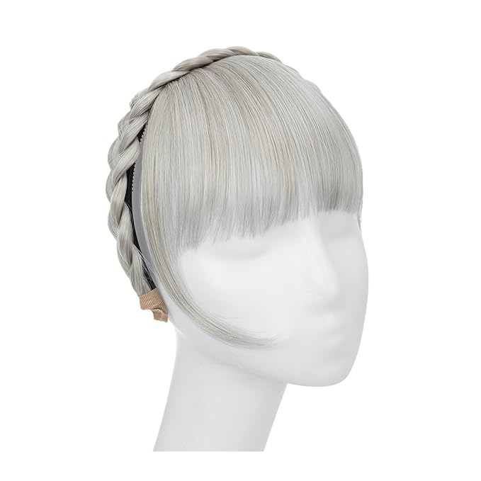 Bangs Hair Synthetic Headband Bangs Extension Fake Hair Blunt Fringe with Long Sides for Women Natural False Black Brown Blonde Bang Bangs Hair Clip(Silver Grey)