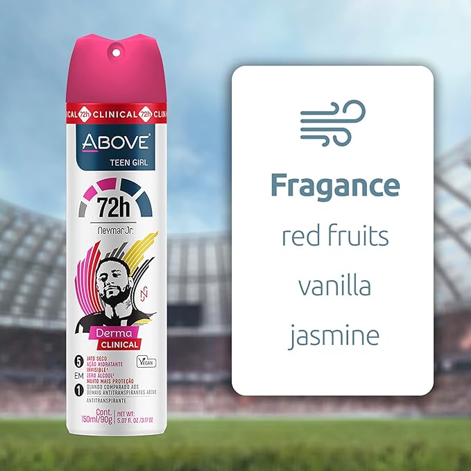 ABOVE 72 Hours Derma Clinical Antiperspirant Deodorant Neymar Jr Teen Girl 4 Pcs - Deodorant for Teens - Red Fruits and Vanilla Notes - Dry Spray