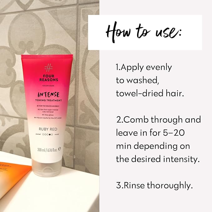 FOUR REASONS Color Mask INTENSE- Ruby Red 6.76 fl oz - Semi Permanent Hair Dye for Lightened and Colored Hair 100% Vegan Conditioner - Intensive Toning Treatment with 27 Colors - Cruelty Free