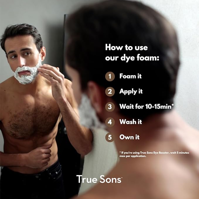 True Sons Hair Dye Foam for Men - Natural Look - Effortless Multi-Use Dye Kit with Instant Color Booster Applicator Ammonia-Free Formula Simpler Hair and Beard Dye (Brown Black)