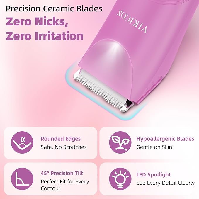 VIKICON Pubic Hair Trimmer Women: Flawless Bikini Trimmer for Women - Waterproof Electric Razor Shaver w/Light for Body Leg Hair Grooming No Nick Lady's Intimate Shaver - Gifts for Her