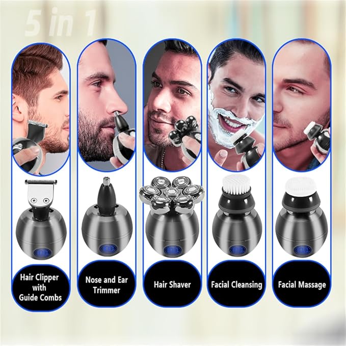 7D USB Rechargeable Electric Shaver for Men - 5 in 1 Waterproof with LCD Display Bald Head Shaver Wet Dry Razor (Grey)